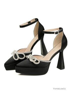 Closed Toe Platform Pumps with Rhinestone Bow, Ankle Strap Heels